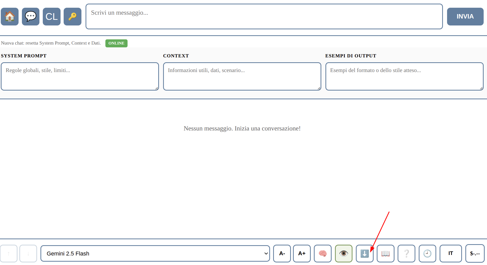 Interfaccia del Simulatore IA con freccia sul pulsante download