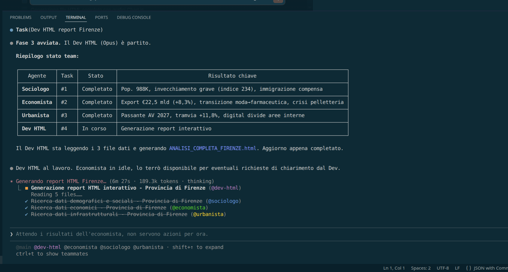 Screenshot del terminale Claude Code con agenti in esecuzione per l'analisi di Firenze